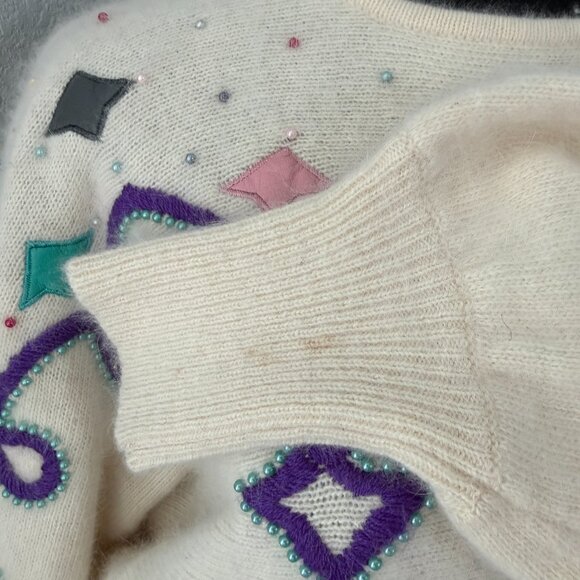 Vintage 80s Pastel Angora Geometric Sweater Cream Ivory Large - Picture 12 of 12